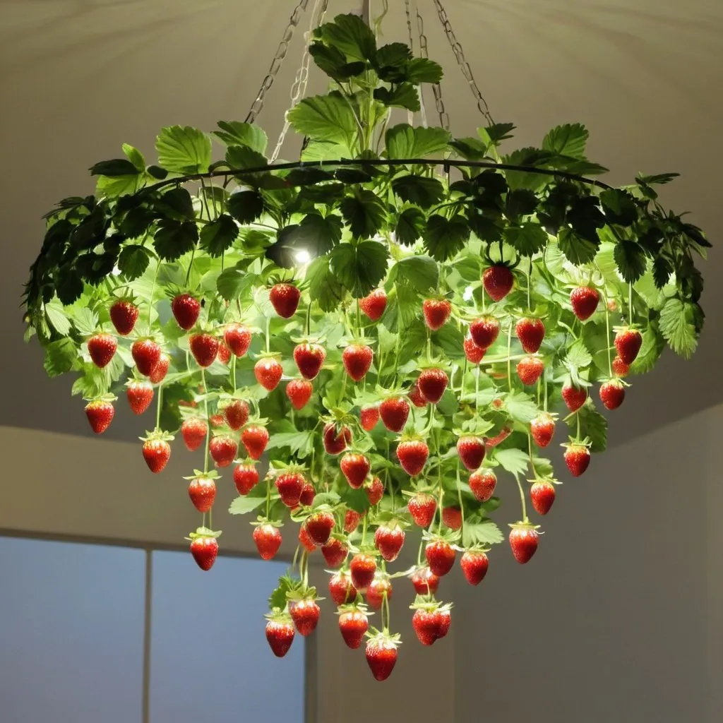 Prompt: a chandelier made out of a strawberry plant