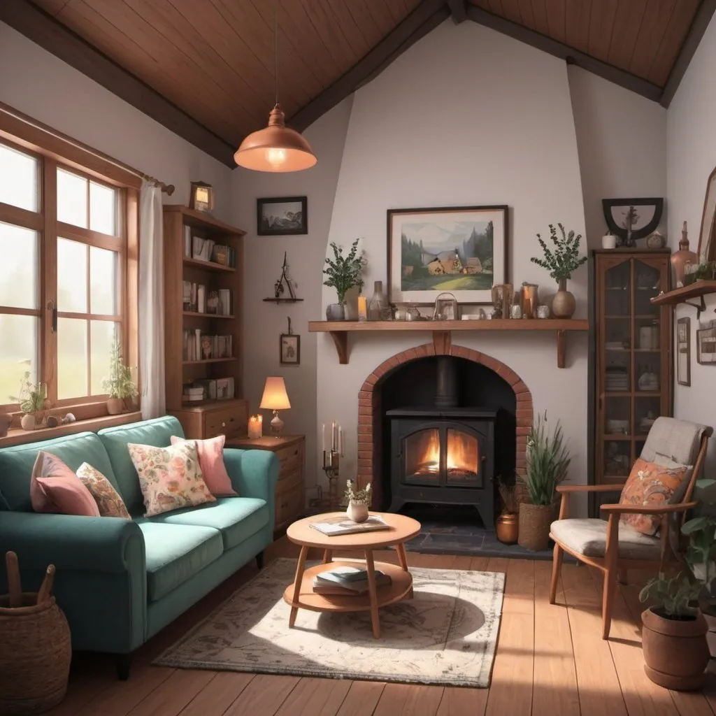 Prompt: Draw a cute cottage living room of a modern witch please 