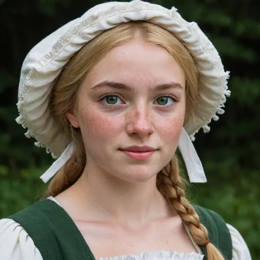 Prompt: picture of a young woman with a friendly round face, freckles and green eyes wearing a white bonnet, blonde hair, wearin a medieval dress