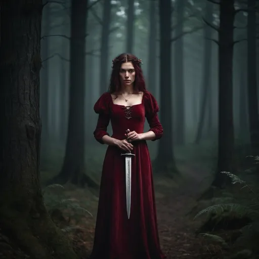 Prompt: medieval woman wearing a wine red dress standing in a dark gloomy  forest holding a dagger