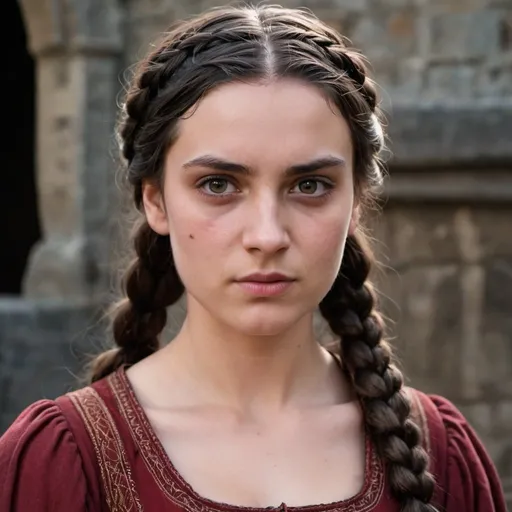 Prompt: picture of a young woman with dark eyes with dark circles, dark braided hair, stern contoured, chiselled  long face in a medieval dress in dark red