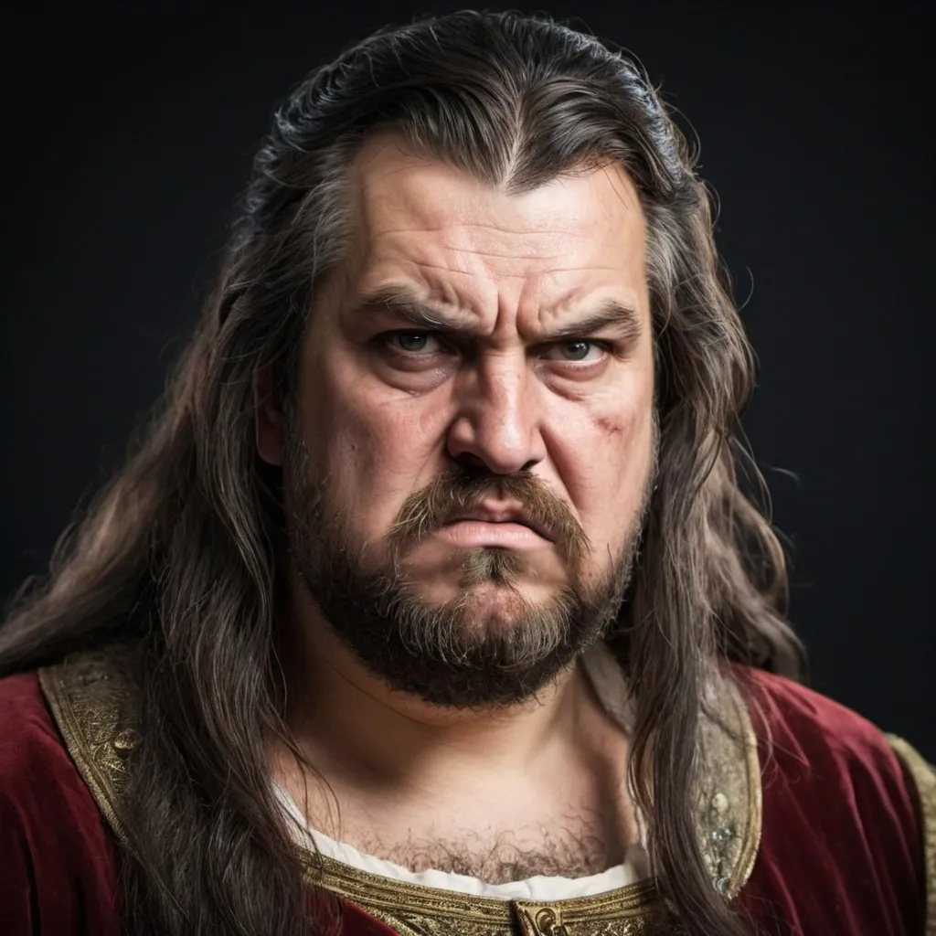 Prompt: An old angry overweight medieval king with long dark hair  that covers his face and a very long beard. His hair is coering part of his face