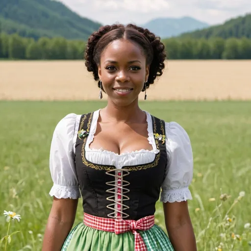 Prompt: a black woman in a dirndl on a field