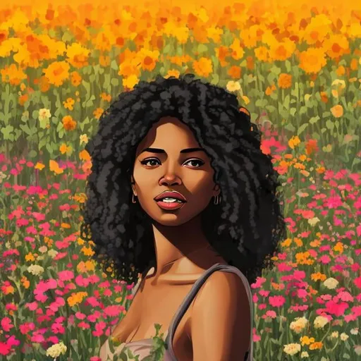 Prompt: black woman in flower field, art style, not realistic
