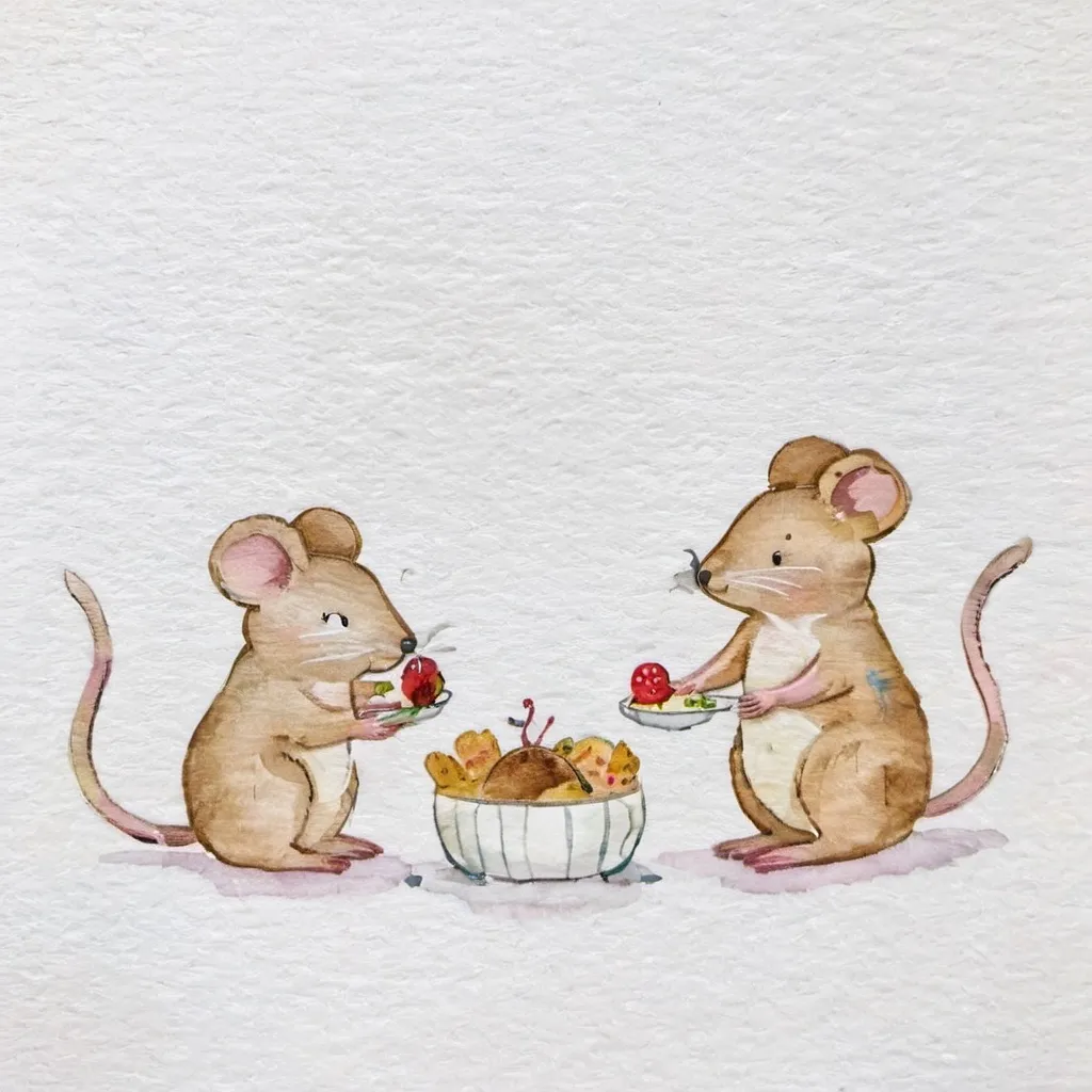 Prompt: two mice having dinner