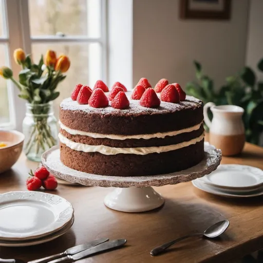 Prompt: picture of a homemade cake on a dining table