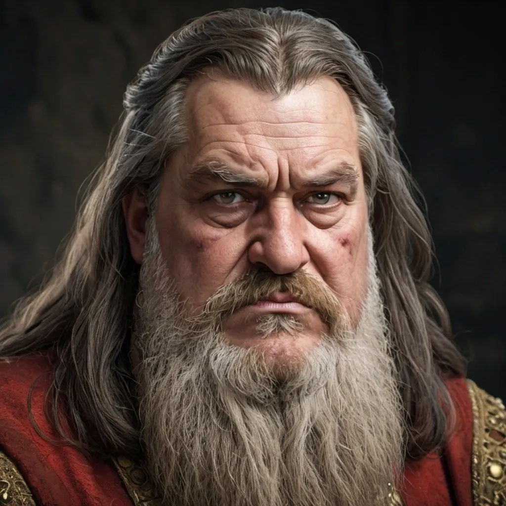 Prompt: An old grumpy overweight medieval king with long dark hair  that covers his face and a very long beard. His hair is coering part of his face