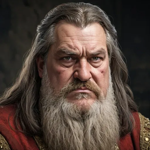 Prompt: An old grumpy overweight medieval king with long dark hair  that covers his face and a very long beard. His hair is coering part of his face