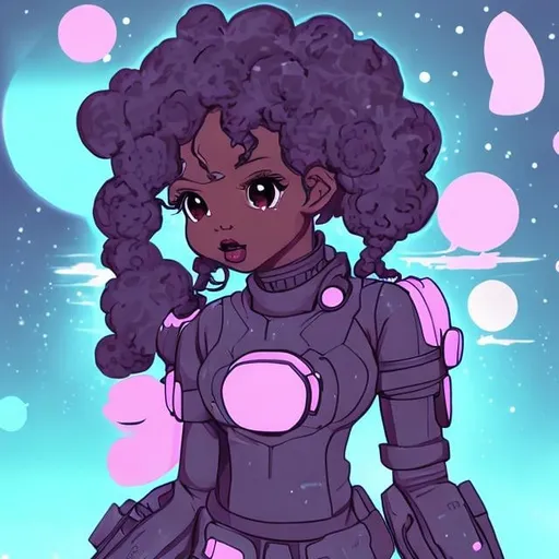 Prompt: black anime woman, kawaii, pink, sci fi, high quality