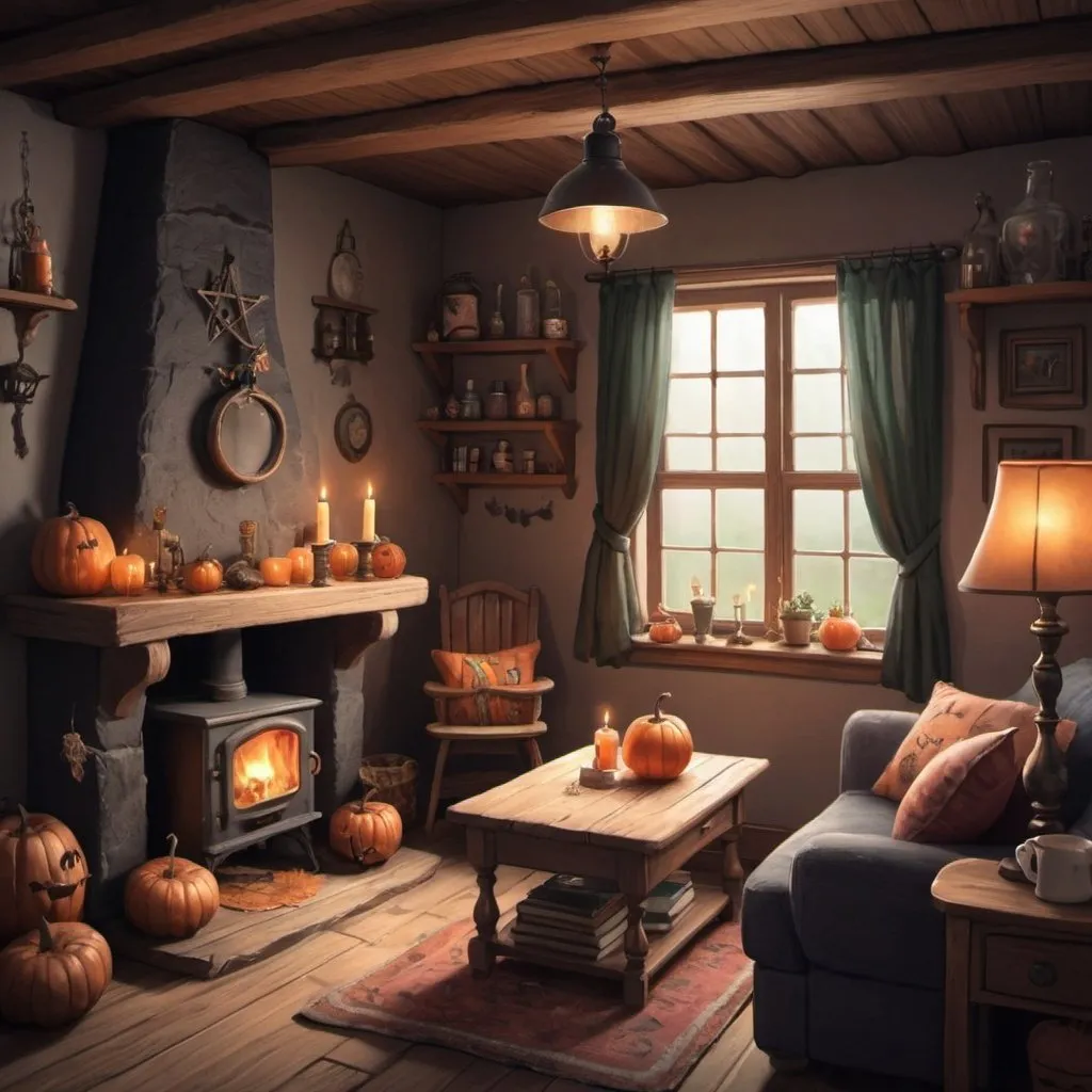 Prompt: Draw a cute cottage living room of a witch please 
