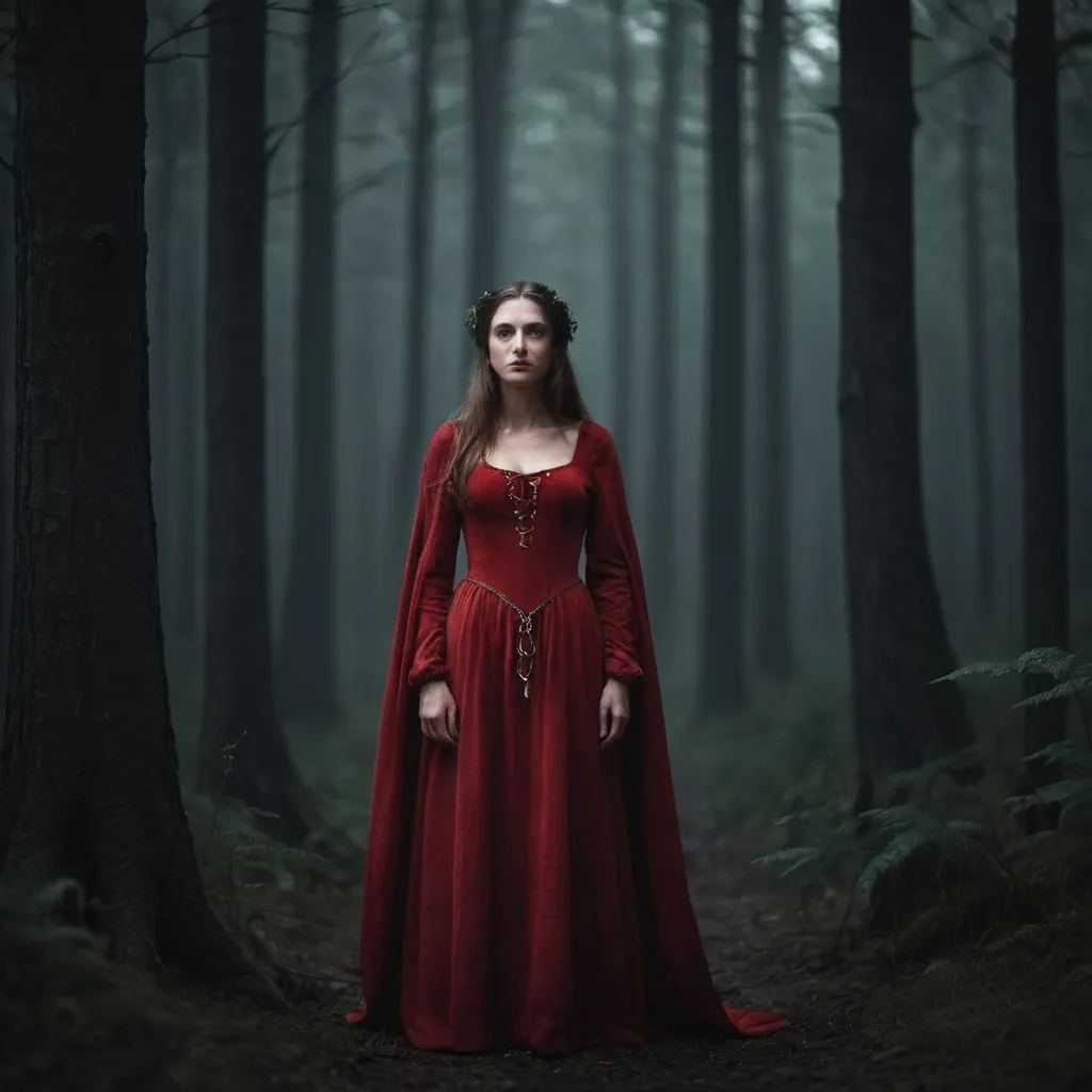 Prompt: medieval woman wearing a red dress standing in a dark gloomy forest