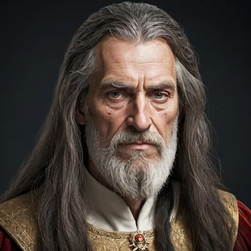 Prompt: An old medieval king with long dark hair  that covers his face and a very long beard. His hair is coering part of his face
