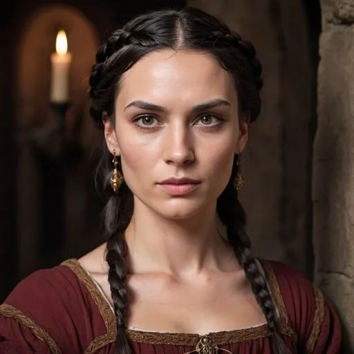 Prompt: picture of a woman with brown eyes with dark undereye circles, dark braided hair, stern contoured, chiselled  long face, high cheekbones in a medieval dress in dark red