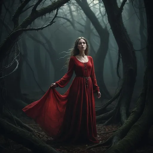 Prompt: medieval woman wearing a red dress standing in a dark gloomy forest