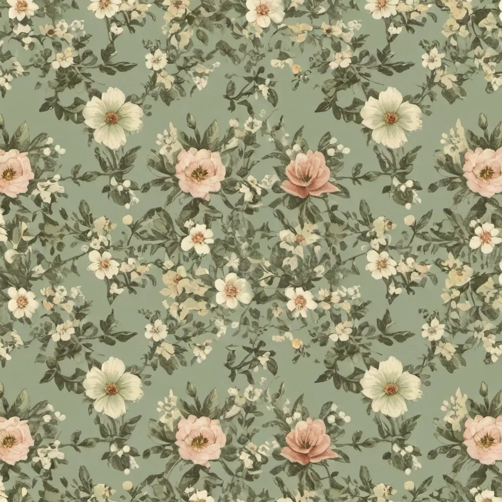 Prompt: equal sided square of repeating pattern of vintage flowers sage green
