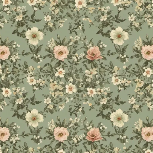 Prompt: equal sided square of repeating pattern of vintage flowers sage green