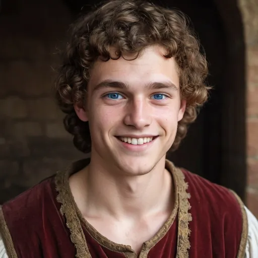 Prompt: picture of a young man with  fluffy curly brown hair blue eyes and a friendly round face, smiling, wearing medieval clothes.