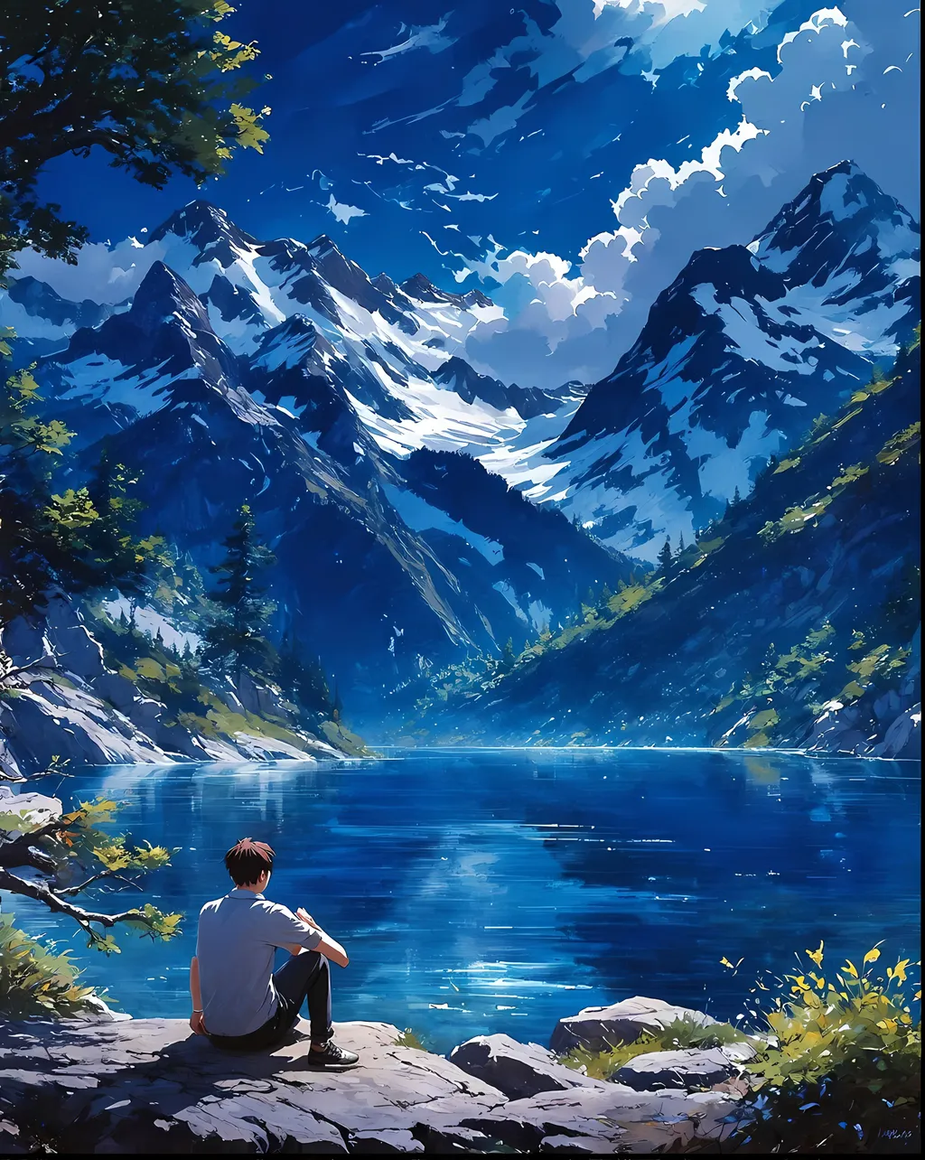 Prompt: a painting of a man sitting on a rock in front of a body of water, dream scenery art, anime nature, anime scenery, mountain lake, beautiful anime scenery, ross tran. scenic background, anime beautiful peace scene, anime landscape wallpaper, anime landscape, anime nature wallpap, beautiful anime artwork, breathtaking digital art, tranquil scene, wallpaper anime blue water, beautiful anime art, sitting in front of a lake, lonely scenery yet peaceful!!, scenery art detailed, breathtaking mountains, beautiful anime scene