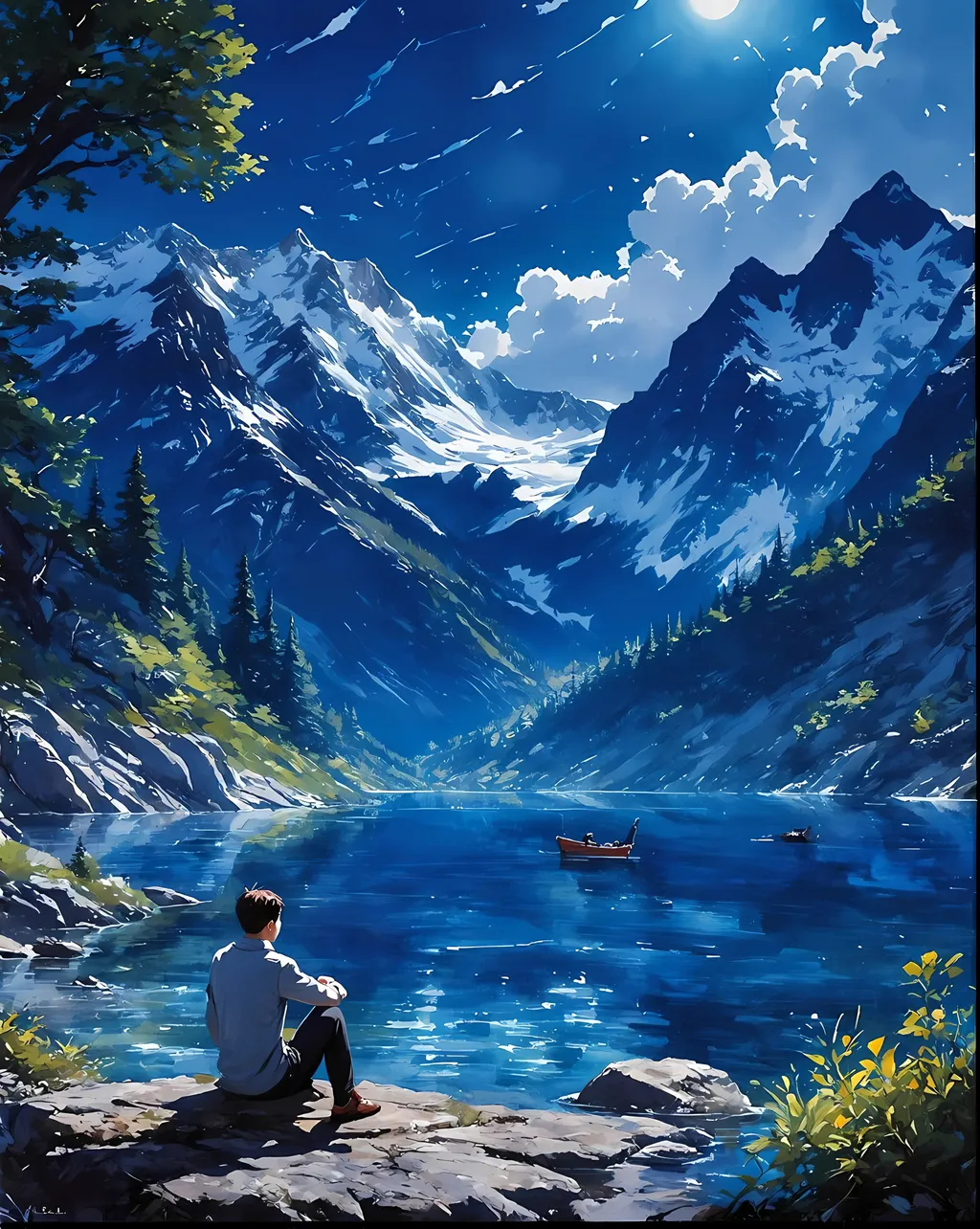 Prompt: a painting of a man sitting on a rock in front of a body of water, dream scenery art, anime nature, anime scenery, mountain lake, beautiful anime scenery, ross tran. scenic background, anime beautiful peace scene, anime landscape wallpaper, anime landscape, anime nature wallpap, beautiful anime artwork, breathtaking digital art, tranquil scene, wallpaper anime blue water, beautiful anime art, sitting in front of a lake, lonely scenery yet peaceful!!, scenery art detailed, breathtaking mountains, beautiful anime scene