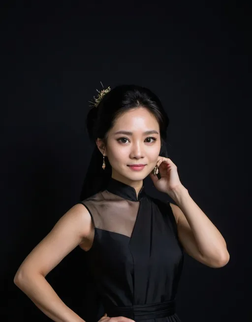 Prompt: a woman in a black dress posing for a picture with a black background and a black shutter behind her, Alice Prin, dau-al-set, phuoc quan, a character portrait