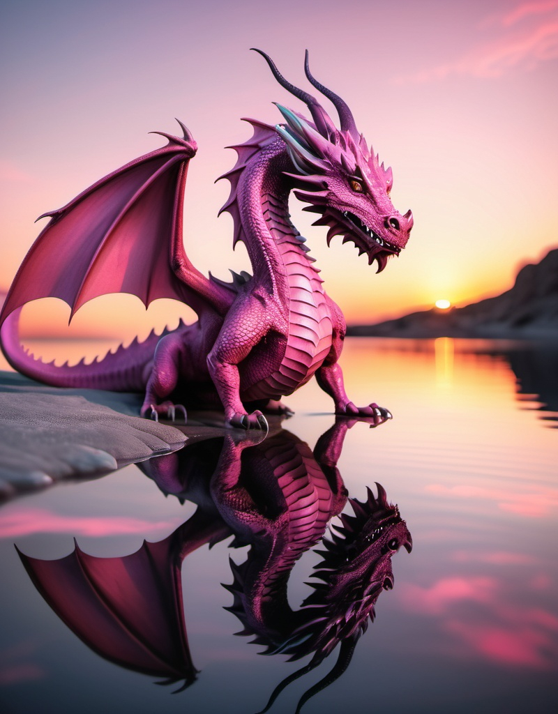 Prompt: A medium sized pink dragon standing on crystal clear water reflecting a beautiful sunset while looking over her shoulder 