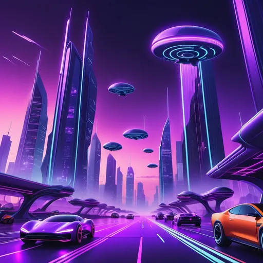 Prompt: Mon image représente un paysage futuriste avec des gratte-ciels lumineux et une ambiance néon. On y voit un ciel violet et des voitures volantes.”