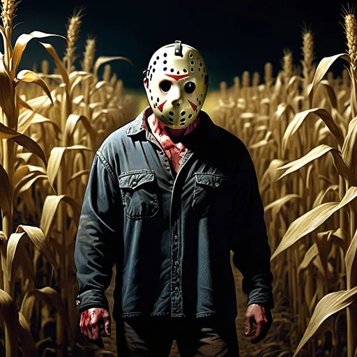 Prompt: Jason from Friday the 13th in a cornfield at night