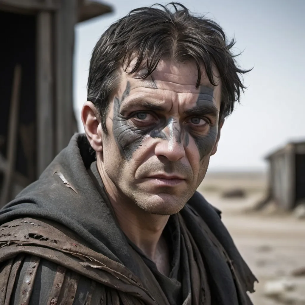 Prompt: Cunning-looking man in 40's with dark hair, streaked with gray, scar on left cheek, his face gaunt and angular. His eyes portray a twisted resentment and manipulative intelligence. He wears tattered dark cloak over patchwork armor with sinister aura. He is a self-made messianic figure in a post-apocalyptic wasteland, his background is one of science.