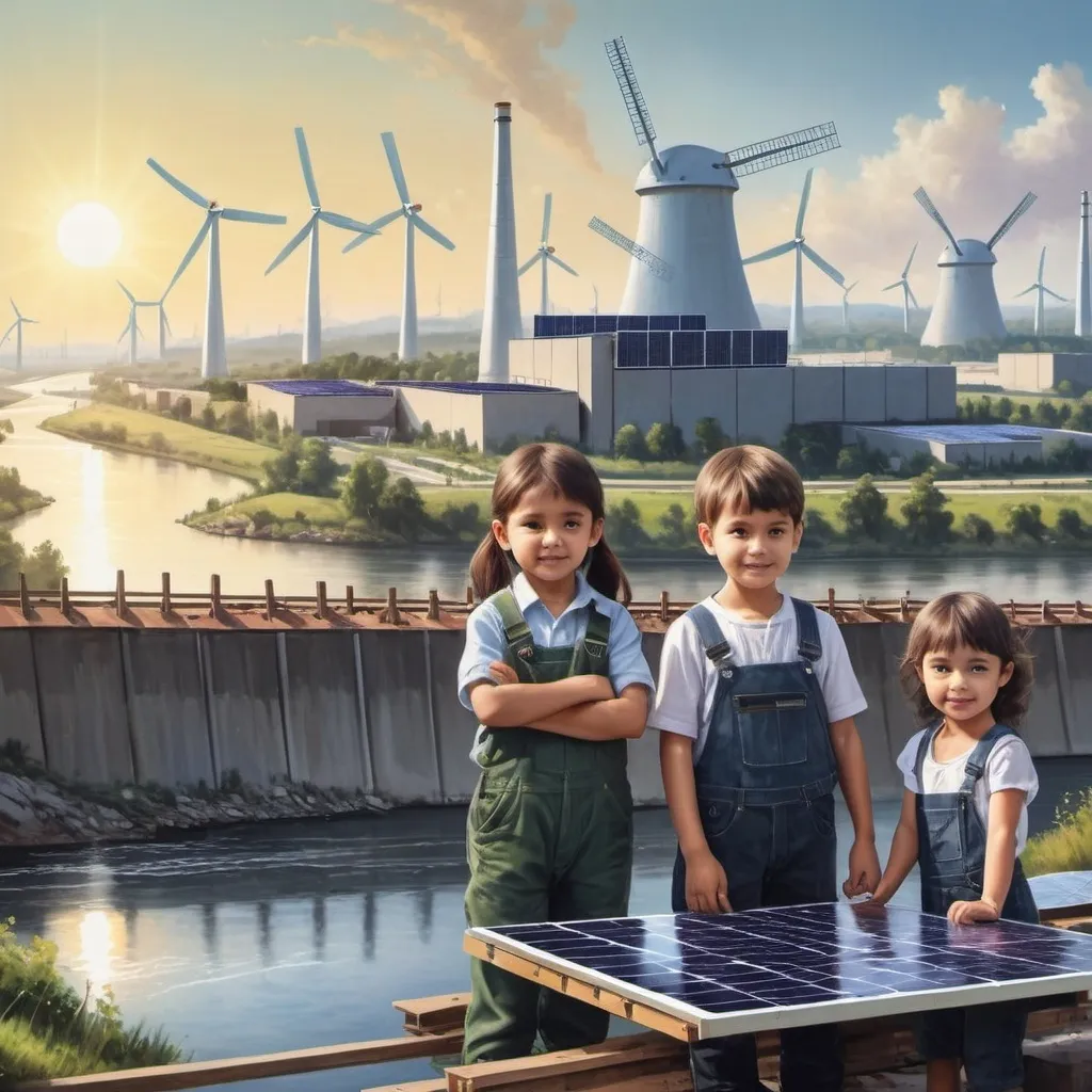 Prompt: a painting of a solar power plant and a river with windmills in the background and a solar panel on the roof, young and children