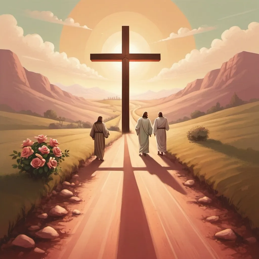 Prompt: Elegant long road to emmaus with jesus as background. A cross with a rose in front.  Digital illustration, warm and inviting color palette realism style. Add text "Buen Despacho"