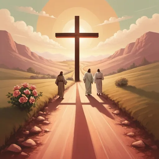 Prompt: Elegant long road to emmaus with jesus as background. A cross with a rose in front.  Digital illustration, warm and inviting color palette realism style. Add text "Buen Despacho"