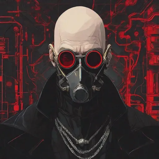 Prompt: A sinister very pale, bald man, wearing a cybernetic iron mask over his mouth and red eyes glasses wearing a black overcoat