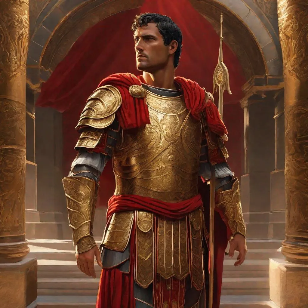 Prompt: A tall Roman legado, wearing gold and red Roman armor with his face in shadow, stands speaking, a highly realistic image