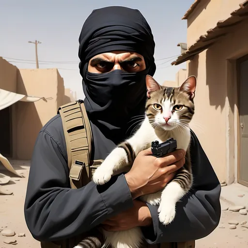 Prompt: Terrorist holding cat hostage, realism