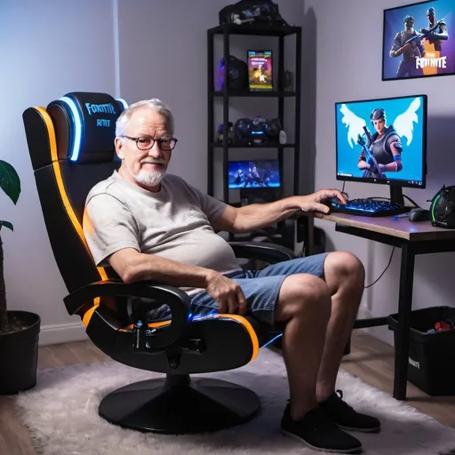 Prompt: Older dad is playing videogame with pc. He is sitting in a cool gaming chair. The room has blue led 
lights and there is fortnite pictures on wall.