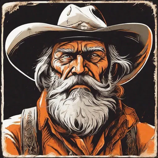 Prompt: a old cowboy with beard, color orange, mad face, white background