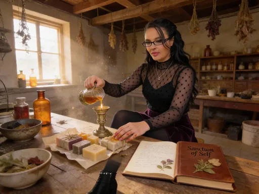 Prompt: @3gMAEVLfs2G7iHOEmKBh Moira Noir sits and creates handcrafted soaps and candles. and publishes her shadow Journal called Sanctum of Self. 