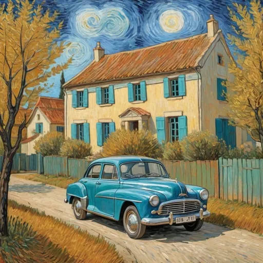 Prompt: A Classic car driving in a country yard painted by Van Gogh 
