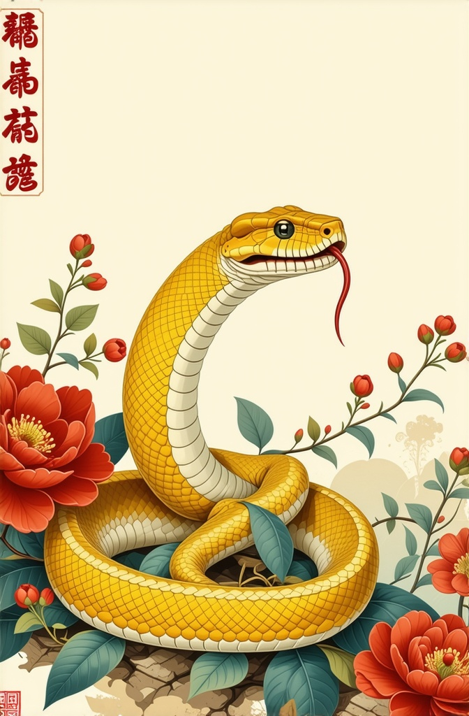 Prompt: t-shirt design with a friendly looking yellow boa python for new year,  beautiful asian flowers