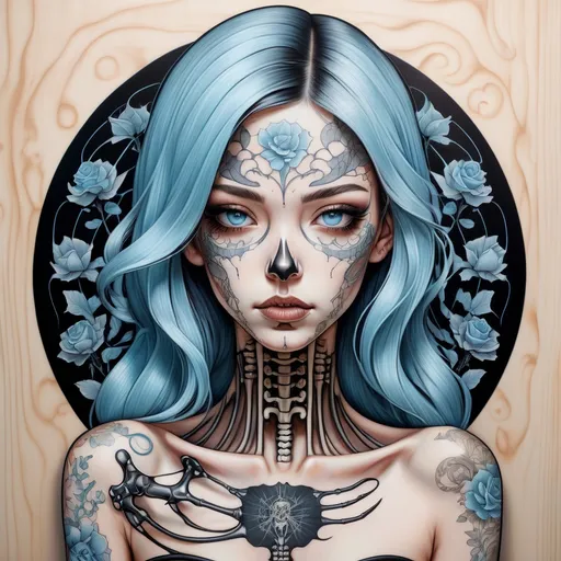 Prompt: create a abstract portrait of a killer ethereal female with jet black hair and pale blue eyes, showing her whole body from the side that is covered with her own skeleton tattoos in actual scale, focus on the extreme details create in Audrey Kawasaki whimsical style and color palette, replacing her skin color with mahogany wooden texture