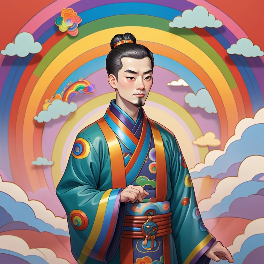 Prompt: a cartoon man with a rainbow colored background and a rainbow colored background with a cartoon figure on top of it, Du Jin, cloisonnism, trending on furaffinity, a character portrait