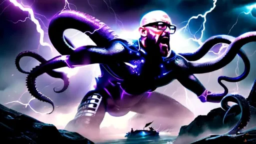 Prompt: Dark tumultuous skies, (ominous clouds), (robotic Viking Cyborg) battling a (giant octopus alien), dynamic action scene, (octopus aliens attacking), (lightning flashes) illuminating the chaos, deep shades of (mysterious purple) and (foreboding black), eerie sparks of (electric blue), high tension atmosphere, feeling of epic struggle, ultra-detailed, visually striking, cinematic quality.