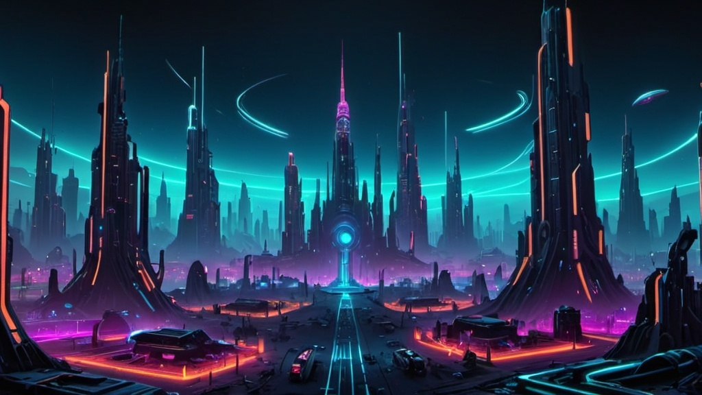 Prompt: Futuristic neon graveyard in a large, thriving metropolis space station.