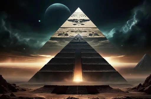 Prompt: (ancient evil massive pyramid), hyper-realistic, dark ominous skies, alien planet landscape, (ominous atmosphere), eerie lighting, intricate pyramid detailing, alien flora and fauna, celestial bodies in the background, dynamic shadows, mysterious ambiance, high depth, 4K quality, surreal environment.