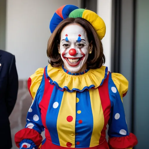 Prompt: Kamala Harris in clown outfit