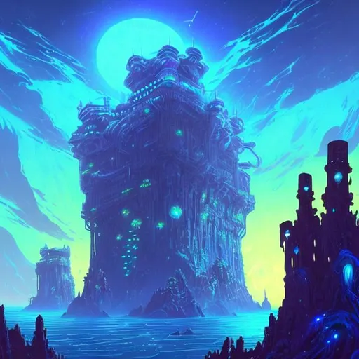 Prompt: A towering, angular, bioluminescent alien fortress with crenellations and watch towers jutting off of it. Behind it is a desolate rocky landscape of blue and purple. Octopus-like alien spaceships are coming and going from the tower like bees