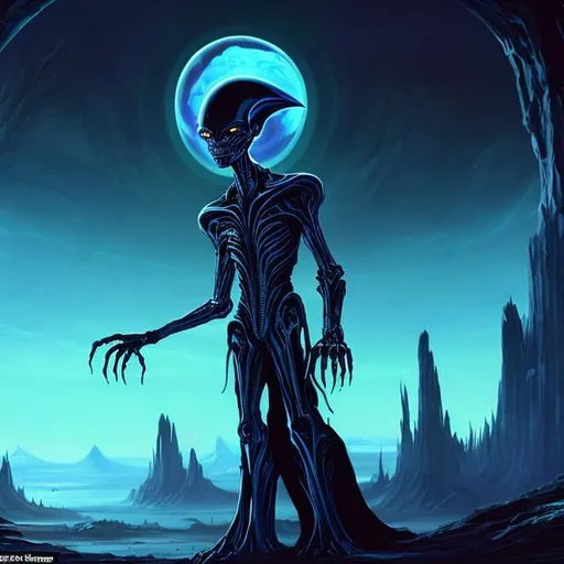 Prompt: A tall humanoid alien with an oblong shaped head, iridescent obsidian-like skin stretched taut over a bony frame, glowing blue eyes without pupils, elongated limbs ending in claws, wearing a black ceremonial robe. In the background is a desolate alien landscape of rocks, with an enormous Saturn-like ringed planet in the sky instead of the moon. Make the alien slightly regal-looking, like a king or philosopher.