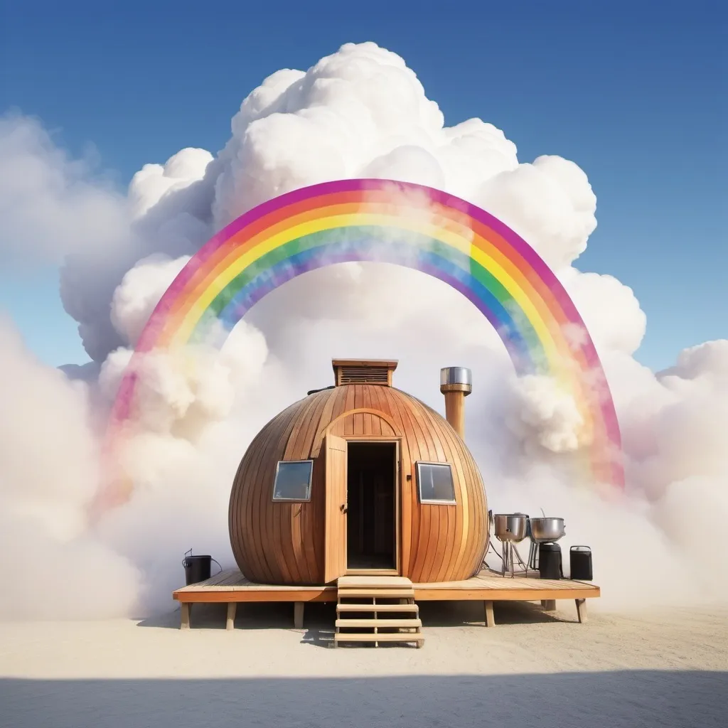 Prompt: Background art for a poster advertising a mixer party with a sauna made of clouds, catering to queers at burning man. Prominently featuring pride rainbows but no people