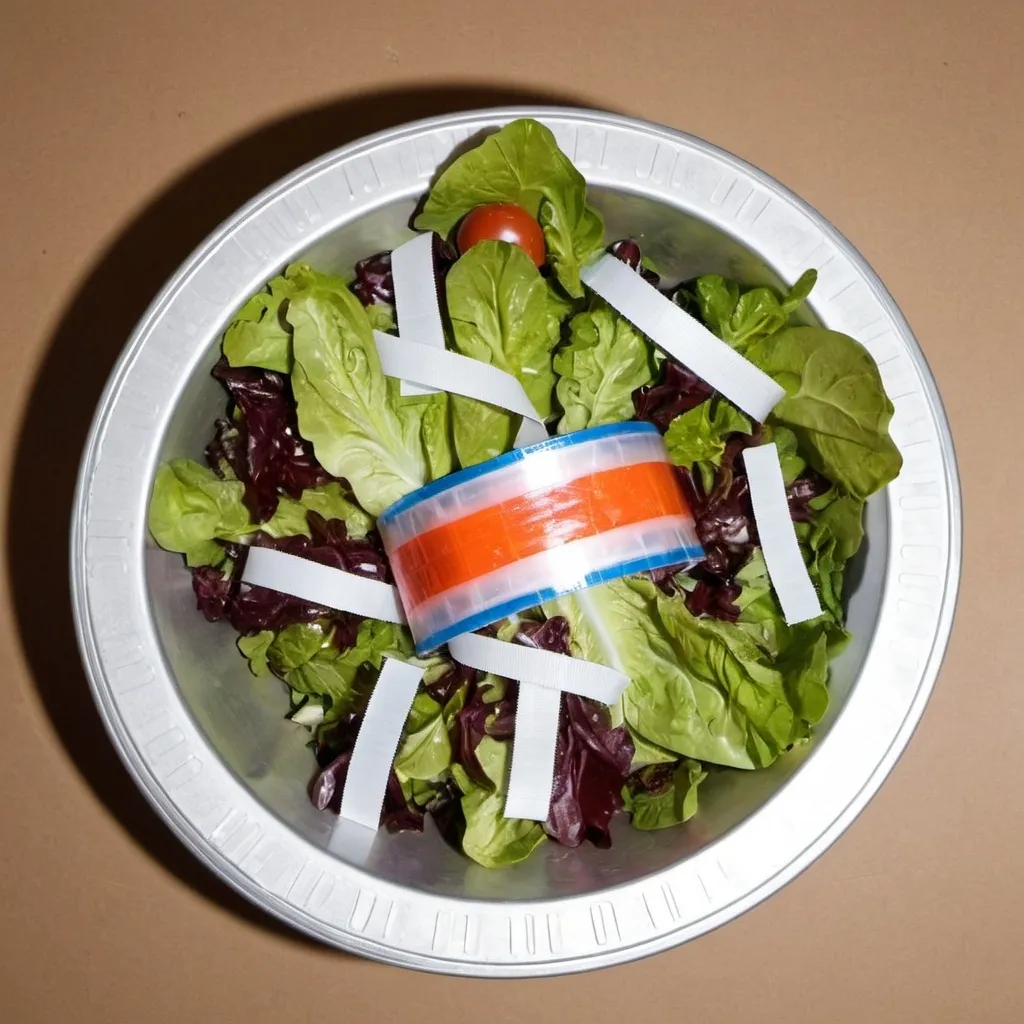 Prompt: An "American" salad with plastic tape and duct tape