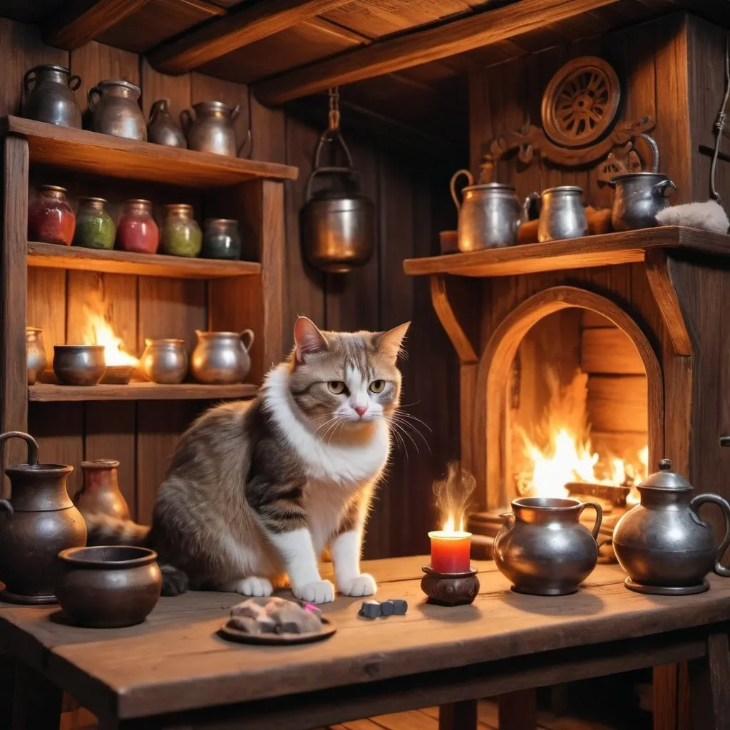 Prompt: a cat who is engaged in potion brewing in a small wooden house. near the cat there is a table and a fireplace